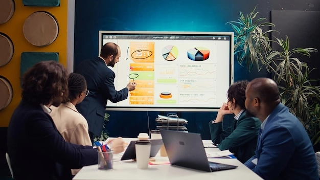 A creative strategy session with charts and laptops illustrating competitive advantages in digital marketing