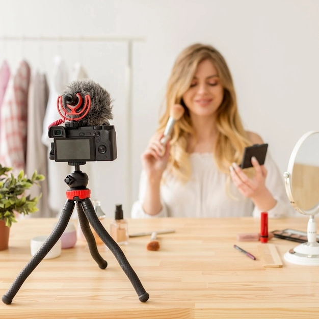 Female influencer set up with camera and laptop, confidently creating content.