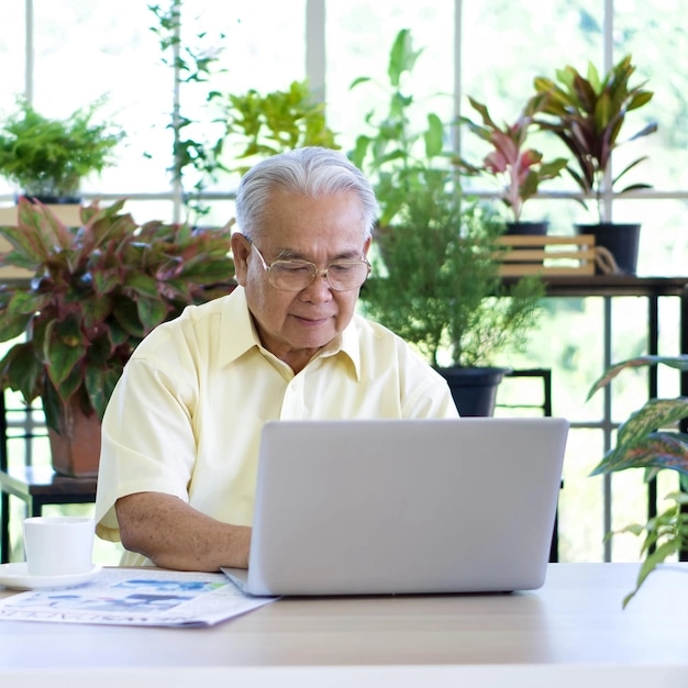 Happy older man in home office, working on laptop and taking notes.